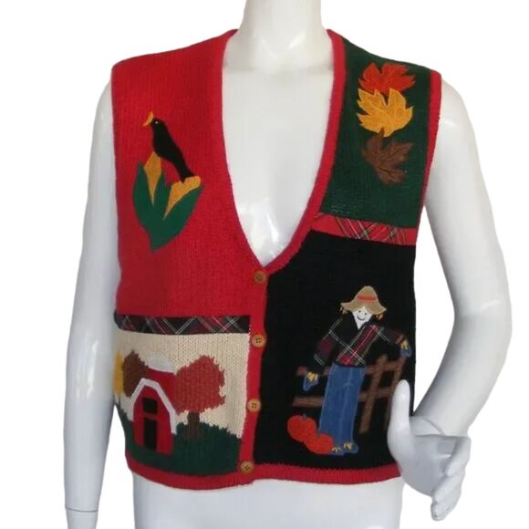 Vintage SHARON YOUNG Sweater Vest, L, Fall Harvest Barn/Farm Theme, Buttons - Picture 1 of 9
